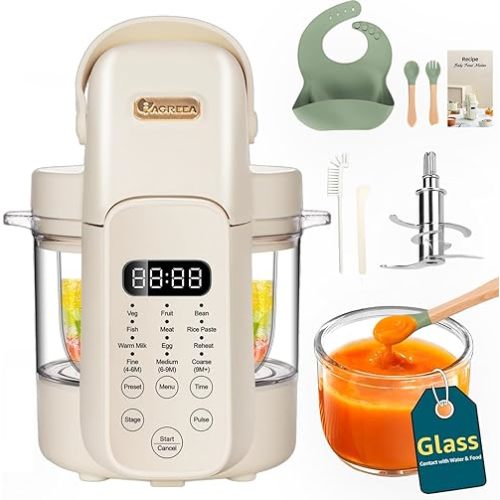 IAGREEA Glass Baby Food Maker, One Step Baby Food Processor Steamer Puree Blender Grinder Mills Machine, Auto Cooking & Grinding for Healthy Homemade Baby Food with 3 Age Stages, BPA-Free