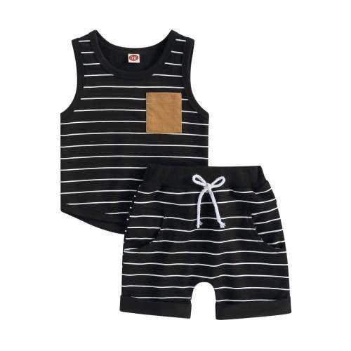 Staki Toddler Boys Outfits Short Sets Toddler Baby Boy Clothes Summer Outfits Sleeveless Tank Vest T-Shirt + Casual Shorts Set 0-24M 2-3T(Black,0-6 Months)