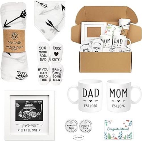 Pregnancy Gifts for New Parents Est 2026- New Mom Gifts Basket for Pregnancy Announcement, Baby Shower - Mom & Dad Mugs, Decision Coin, Ultrasound Frame, Swaddle Blanket, Bib, Socks