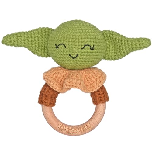 DICHA Wooden Baby Rattle-Crochet Baby Rattle- Infant Rattle Sensory Development Wooden Toys Set-Includes Beech Wooden Teething Ring- Baby Teether Green Alien Style