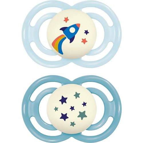 MAM Perfect Night Baby Pacifier, Patented Nipple, Glows in The Dark, 2 Pack, 16+ Months, Blue/Boy