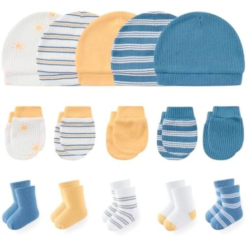 MAMIMAKA Newborn Baby Boy Girl Caps Mittens Socks Set Cotton Baby Essentials Accessories (Hats+Gloves+Socks)