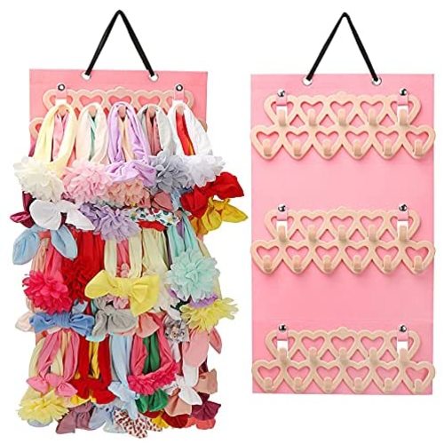 Headbands Holder for Baby Girls, Vimiv Headbands Organizer for Baby Girls, Bow Holder Organizer with Heart-Shape Velvet Hangers, Baby Girls Headbands Holder Organizer for Door,Closet,Wall, Light Pink
