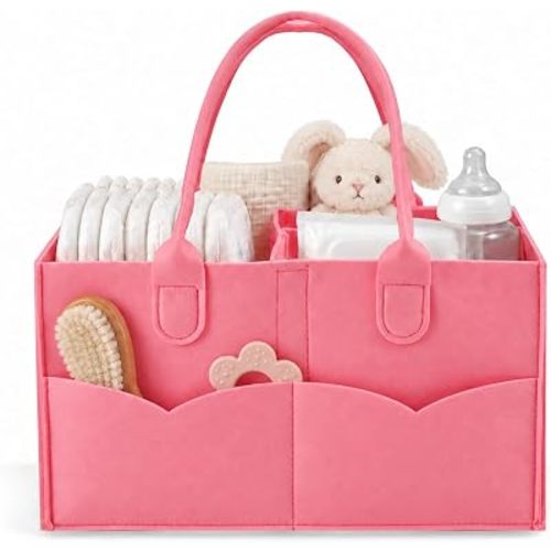 PandaEar Baby Diaper Caddy Organizer, Portable Diaper Holder Organizer Nursery Storage Basket for Wipes & baby stuff, Collapsible Baby Organizer with Divided Design (Light Pink)