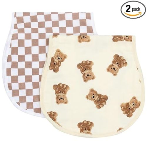LifeTree Muslin Baby Burp Cloths - 2 Pack 70% Viscose from Bamboo and 30% Cotton Large 22'' by 10.6'' Absorbent Milk Spit Up Rags - Burping Cloths for Newborn, Girls Boys, Bear and Checkered