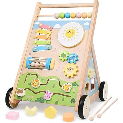 Wooden Baby Walker with Wheels, Montessori Baby Push Walker for Babies 6-12 Months, Baby Activity Center Walking Toy for 1 Year Old Learning to Walk Toddler Girls Boys