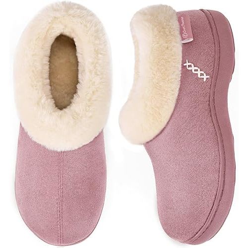 EverFoams Women's Micro Suede Cozy Memory Foam Winter Slippers with Fuzzy Faux Fur Collar and Indoor Outdoor Rubber Sole