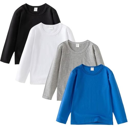 4 Pack Cotton Long Sleeve Tee Shirts for Boys and Girls Kids Toddlers' Basic Crewneck Tops T-Shirts