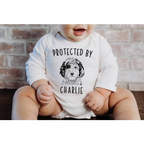 Protected by Dog Baby Bodysuit, Protected by a Sheepadoodle Baby Clothes, Doodle Dog Baby Shower Gift, Baby Announcement, Toddler T Shirt