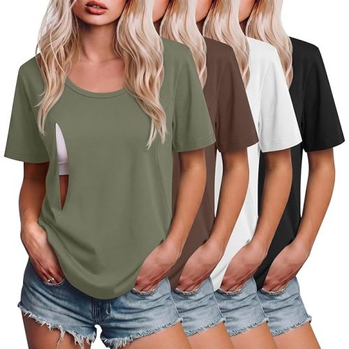 Ficerd 4 Pack Women's Nursing Shirts for Breastfeeding with Hidden Zipper Scoop Neck Loose Fit Short Sleeve Maternity Tops