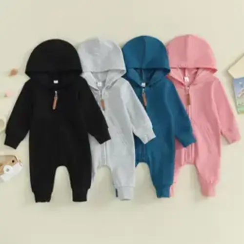 Newborn Baby Boy Girl Clothes Hooded Jumpsuit Solid Color Zip Up Long Sleeve Hoodie Romper Bodysuit Coverall Outfit - TikTok Shop