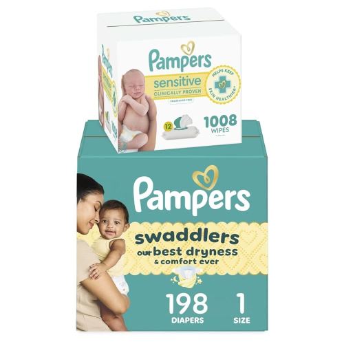 Amazon.com: Pampers Swaddlers Disposable Baby Diapers Size 1, 198 Count with Sensitive Water Based Baby Wipes 12 Flip-Top Packs (1008 Wipes Total) : Baby