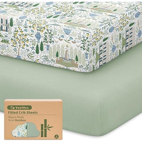 Yoofoss Pack and Play Sheets Fitted Viscose Derived from Bamboo, 2 Pack Mini Crib Sheet for Pack N Play Mattress, Soft and Breathable Playard Sheets for Boys Girls, 38x26in