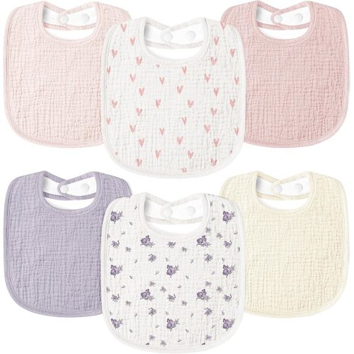 Susurration Muslin Baby Drool Bibs 6Pack Soft Square Adjustable Baby Bandana Bibs for Unisex Girls & Boys (Purple Flower)