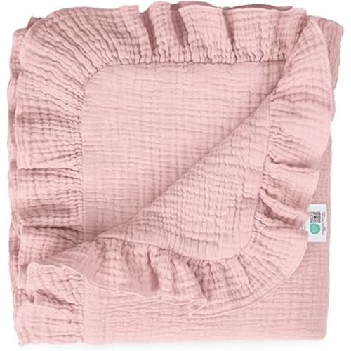 lulumoon Ruffle Baby Blanket for Girls: Soft Muslin Cotton Newborn Photo Backdrop - Lightweight Crib Blanket for Nursery Decor & Baby Registry Gift 40"x36"(Pink)