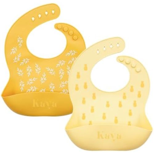 Kaya Silicone Baby Bib Pack of 2, BPA-Free Waterproof Food Catcher, Adjustable Neck, Dishwasher Safe, Babies and Toddlers