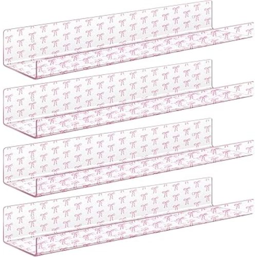 4 Pack Pink Bow Floating Bookshelf for Classroom Decor Nursery Bow Acrylic Shelves Coquette Home Accessories 15 Inch Wall Mounted Bookshelf for Girl Wall Bathroom Bedroom Perfume Toy Figure
