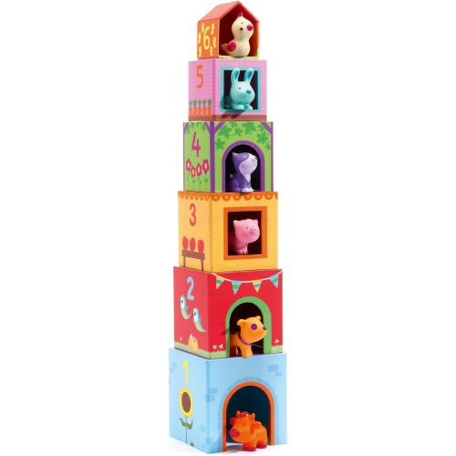 DJECO - Topanifarm Blocks - Build a Farm, Wooden Blocks & Animal Toys - Sorting & Stacking - Enhances Fine Motor Skills - Durable Playtime - Cute Design - Preschool Kids 18+ Months