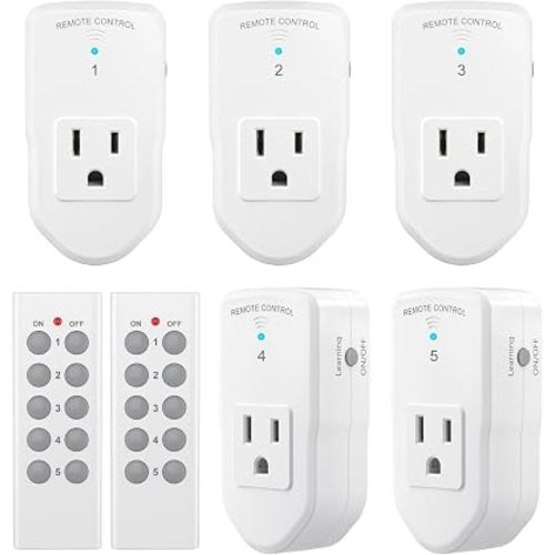 BN-LINK Wireless Remote Control Outlet Electrical Switch for Lights, Fans, Christmas Lights, Small Appliance, 100ft Long Range White (Learning Code, 5Rx-2Tx) 1200W/10A, ETL & FCC Certified