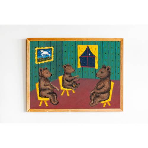 Goodnight Moon set of art prints, Three little bears sitting in chairs and Cow jumping over the moon