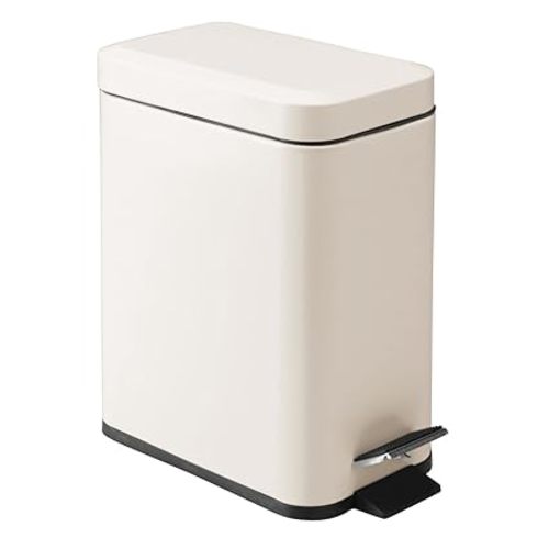 mDesign Small Modern 1.3 Gallon Rectangle Metal Lidded Step Trash Can, Compact Garbage Bin with Removable Liner Bucket and Handle for Bathroom, Kitchen, Craft Room, Office, Garage - Light Pink