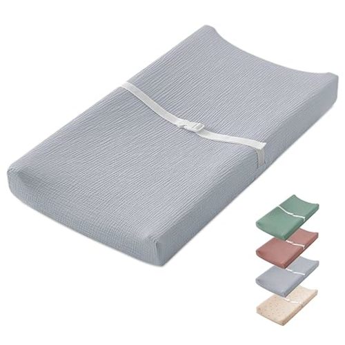 Blissful Diary Muslin Baby Changing Pad with Waterproof Lining Foam, Diaper Changing Table Pad with Cover for Dressers (Gray, Rectangular)