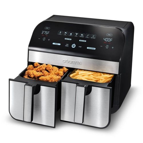 Gourmia 10-Qt. Dual Basket Digital Air Fryer with Smart Finish & Match Cook Black Stainless Steel: 1-Year Warranty, Dishwasher-Safe Parts