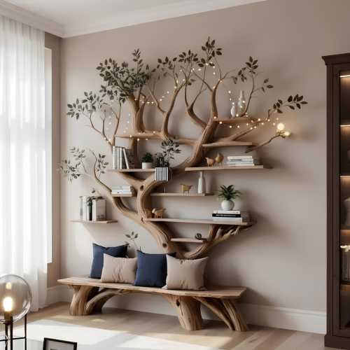 Artistic Tree-Shaped Wooden Bookshelf with Built-in Bench, Handmade Solid Wood Bookcase, Rustic Living Room Wall Decor