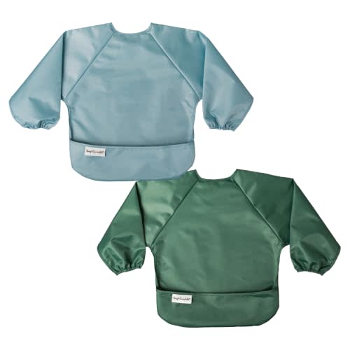 Tiny Twinkle Long Sleeve Bib for Babies & Toddlers | 2-Pack Waterproof Smock Bib for Eating | Machine Washable & Mess-Proof Feeding Essentials | Newborn Shower Gift (Slate Olive,6–24M)