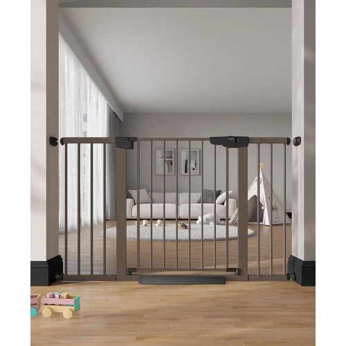 Cumbor 29.7"–51.5" Extra Wide Baby Gate for Stairs, Pressure-Mounted Dog Gates for Doorways & Hallways, Auto-Close Walk-Through, No-Trip Design, Child Proof Safety, Dog/Pet Gate for Indoor Use, Brown