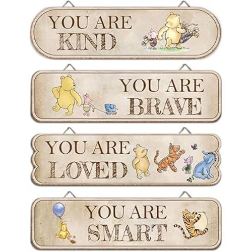 Hatzelou 4PCS Classic Winnie Baby Room Decor, Pooh Nursery Decor, the Pooh Wall Decor Sign Gifts, You Are Kind Brave Inspirational Quotes, Adorable Winnie Sign for Home Bedroom Nursery