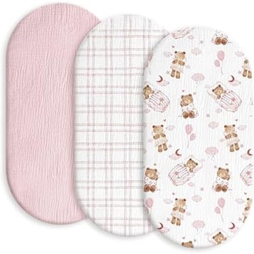 Gllquen Baby Muslin Bassinet Sheets 3 Pack, Breathable Elastic Cozy Fitted Cotton Bassinet Mattress Sheet for Baby Boy Girls, Fit for Hourglass Oval Rectangular Cradle Pad Sheets 33"x17" (Bear Dream)