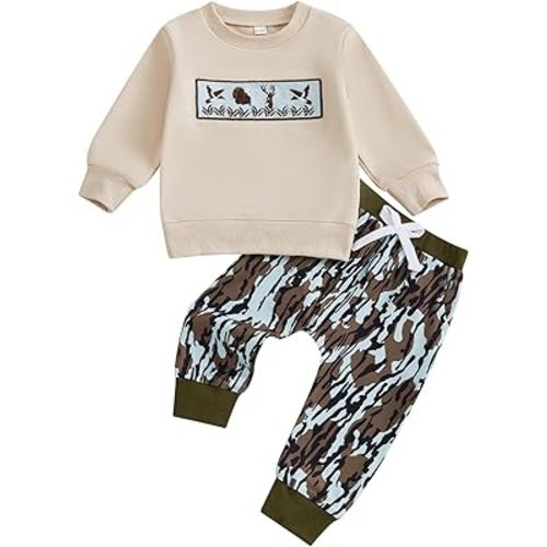Toddler Baby Boy Hunting Outfit Duck Deer Embroidery Long Sleeve Sweatshirt Camo Pants Set 2Pcs Fall Winter Clothes