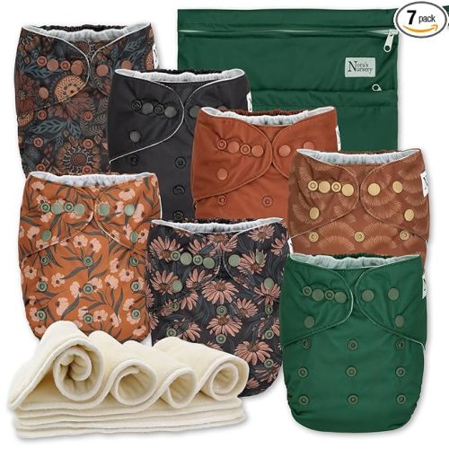 Nora's Nursery Cloth Diapers 7 Pack with 7 Inserts & 1 Wet Bag - Waterproof Cover, Washable, Reusable & One Size Adjustable Pocket Diapers for Newborns and Toddlers - Dahlia
