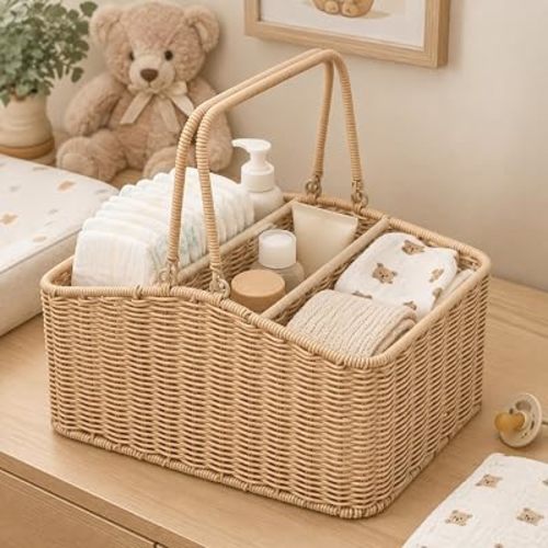 PE Wicker Diaper Caddy Organizer with Handles and 3 Compartments