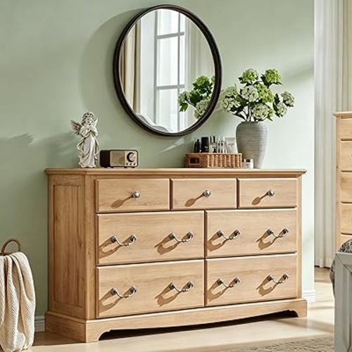 T4TREAM 7 Drawers Dresser Chests for Bedroom, Wood Vintage Chests of Drawers, Rustic Dressers Chset Organizer for Bedroom, Living Room, Hallway, Natural Oak