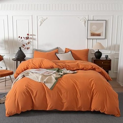 Janlive Washed Cotton Duvet Cover Set Linen Feel Textured Ultra Soft 100% Cotton Solid Color Orange Duvet Cover Set with Zipper Closure - 2 Pieces Orange Twin