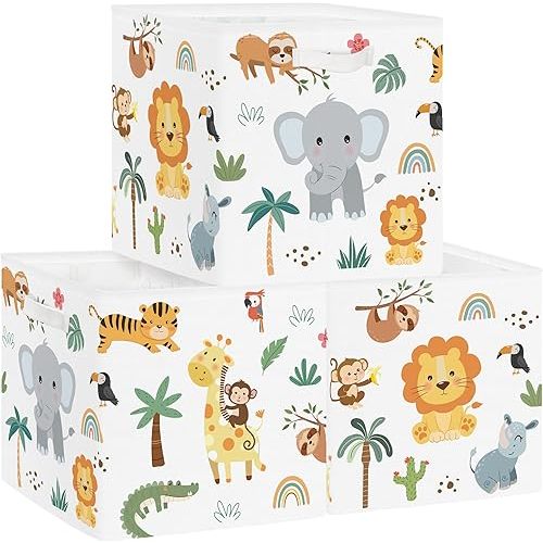 Clastyle Jungle Animal Kids Storage Cube Organizer Set Tree Closet Clothes Cube Storage Bin Nursery Toddler Toy Box Chest Boys Girls Book Shelf Basket,White,11.8x11.8x11.8 in