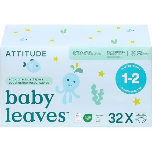ATTITUDE Eco-Conscious Disposable Diapers, EWG Verified, Size 1/2 (7-17 lbs), Ultra Absorbent for Baby, Vegan & Plant-Based, 32 Count