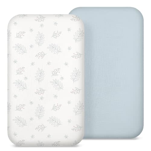 BabyBond Muslin Bassinet Sheet Fitted for Baby – Soft & Breathable – 2 Pack | Stretchy Wide Elastic Band, Reinforced Corners, Fits Most Bedside Crib & Bassinet Mattresses, Vacuum Packed & Washable, Blue