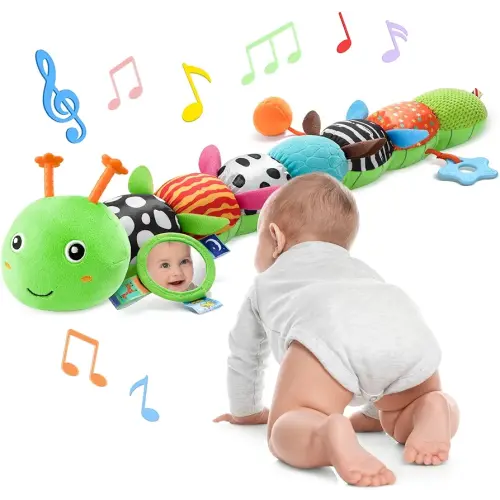 Baby Toys 6-12 Months Music Caterpillar Infant Toys Stuffed Animals 0-3-6 Months Tummy Time Teething Sensory Toys with Mirror Rattle&Pull String for Boys Girls Birthday Gifts|Grass Green,Leafy