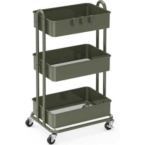 Simple Houseware 3-Tier Heavy Duty Metal Utility Rolling Cart, Army Green