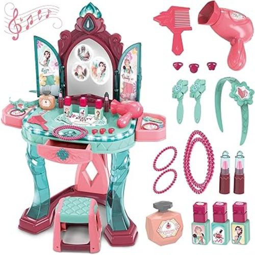 Toddler Vanity Table for Girls — Princess Makeup Playset with Light & Sound Mirror, Magic Sensor, Stool & Accessories, Pretend Beauty Toy for Ages 3+