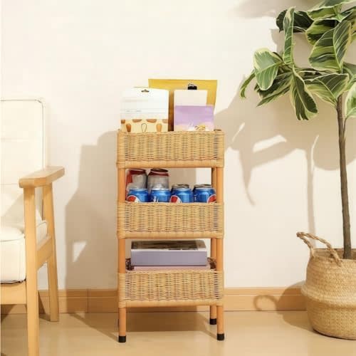 3-Tier Rattan Storage Rack, Vertical Handwoven Wooden Organizer with Tiered Baskets, Standing Wicker Shelving for Living Room, Bedroom & Kitchen