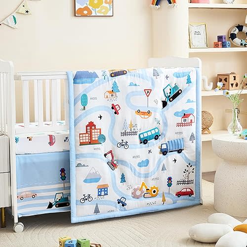 3-Piece Crib Bedding Set for Boys Girls - Soft & Skin Friendly Baby Bedding Set Includes Crib Comforter, Sheet & Crib Skirt (Light Blue)