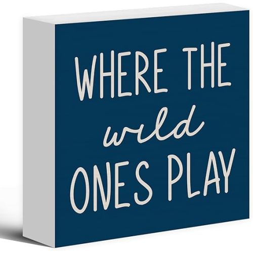 Where The Wild Ones Play Navy Blue Wood Box Sign Desk Decor 5X5, Nursery Kids Room Wooden Block Sign Decorations for Playroom Toddler Boys Girls Room Wall Tabletop Shelf Decor