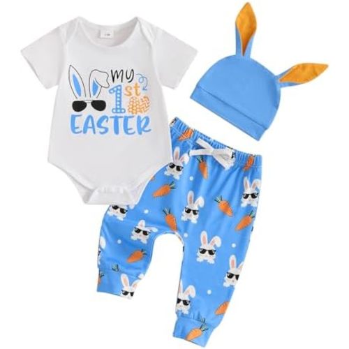 My 1st Easter Newborn Baby Boy Clothes Letter Rabbit Print Crewneck Romper Carrot Bunny Pants Set 3Pcs Spring Outfit