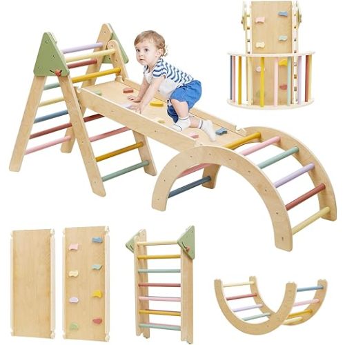 Foldable Pikler Triangle Climbing Set Wooden 7 in 1 Montessori Climber Toys for Toddlers 1-3 Baby Jungle Gym Indoor Slide Playground with Ramp & Arch & Ladder Large Kids Activity Center Boy/ Girl Gift