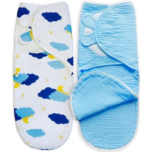 2-Pack Muslin Swaddle Sleep Sacks – Cotton Wearable Blanket for Wiggly Babies – Arms in or Out Transition Swaddle - 3–6 Months (12–16 lbs)