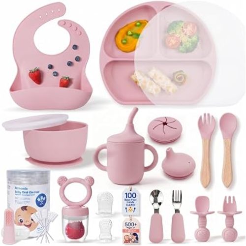 Remonda 23-Piece BPA-Free Baby Silicone Feeding Set | Extra Large Suction Plates, Toddler Bowls, Self Feeding Spoons, and More | Dishwasher Safe| Infant Led Weaning Supplies (Pink)02
